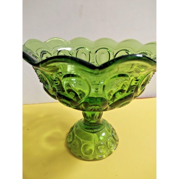 L.E. Smith Green Footed Compote Bowl Moon & Stars 6 5/8"H x 8"W - Picture 2 of 9